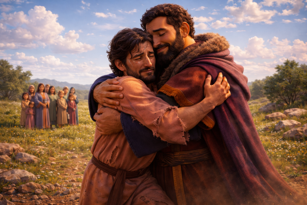 Por Que a Luta de Jacó Mudou Sua Identidade Para Sempre? 5 Jacó e Esaú se abraçando após a luta de Jacó e a reconciliação entre irmãos