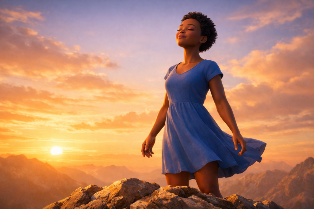 Mulher em montanha ao nascer do sol representando a força de Jesus na vida cristã

