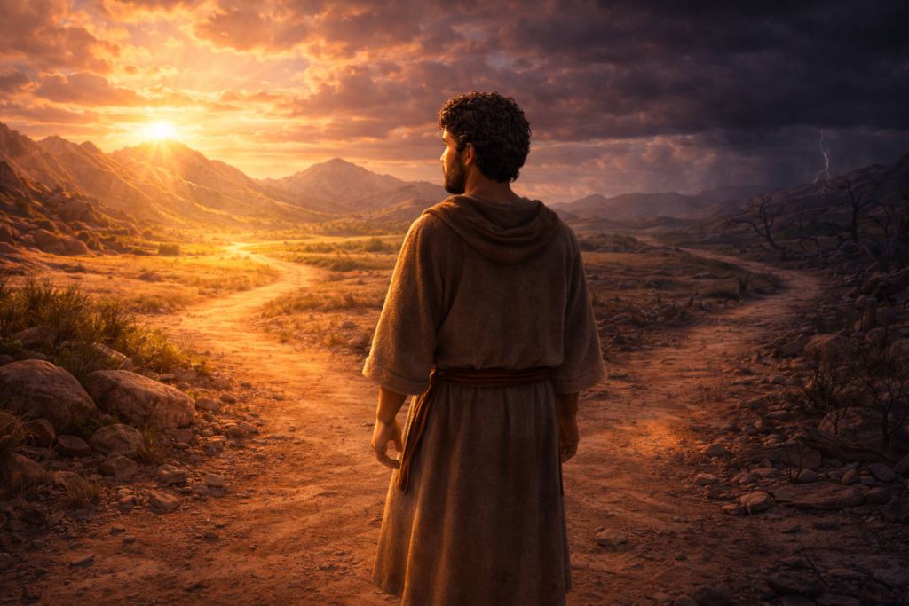 Homem em encruzilhada entre caminho de luz e caminho escuro representando o preço da desobediência