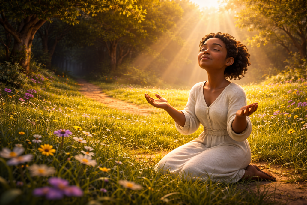 Mulher ajoelhada em campo iluminado após sair de caminho escuro representando volta da desobediência e arrependimento