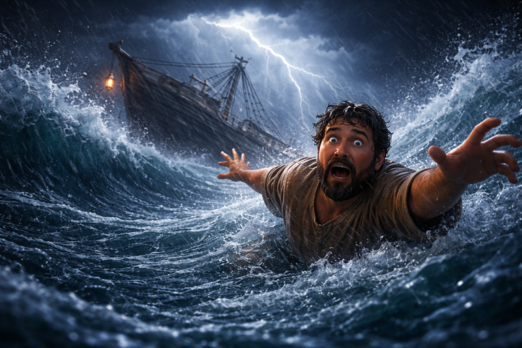 Jonas sendo lançado ao mar durante tempestade representando o preço da desobediência na fuga de Deus