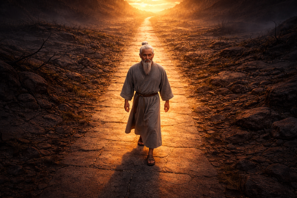 Homem idoso caminhando em caminho iluminado entre escuridão representando obediência como resposta ao preço da desobediência