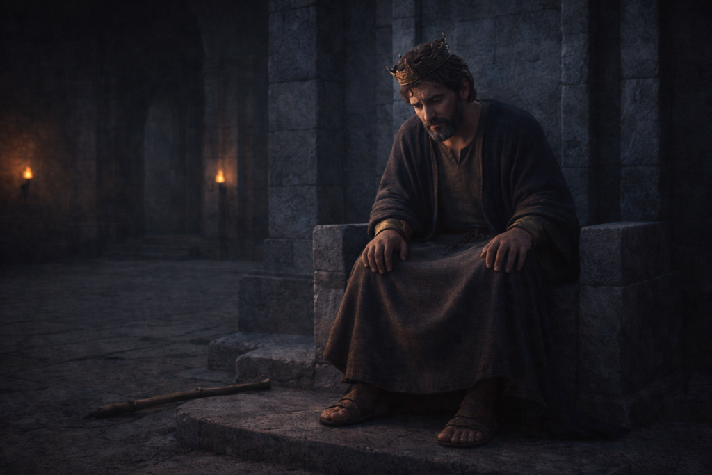 Rei Saul sozinho no trono com expressão de tormento representando o preço da desobediência