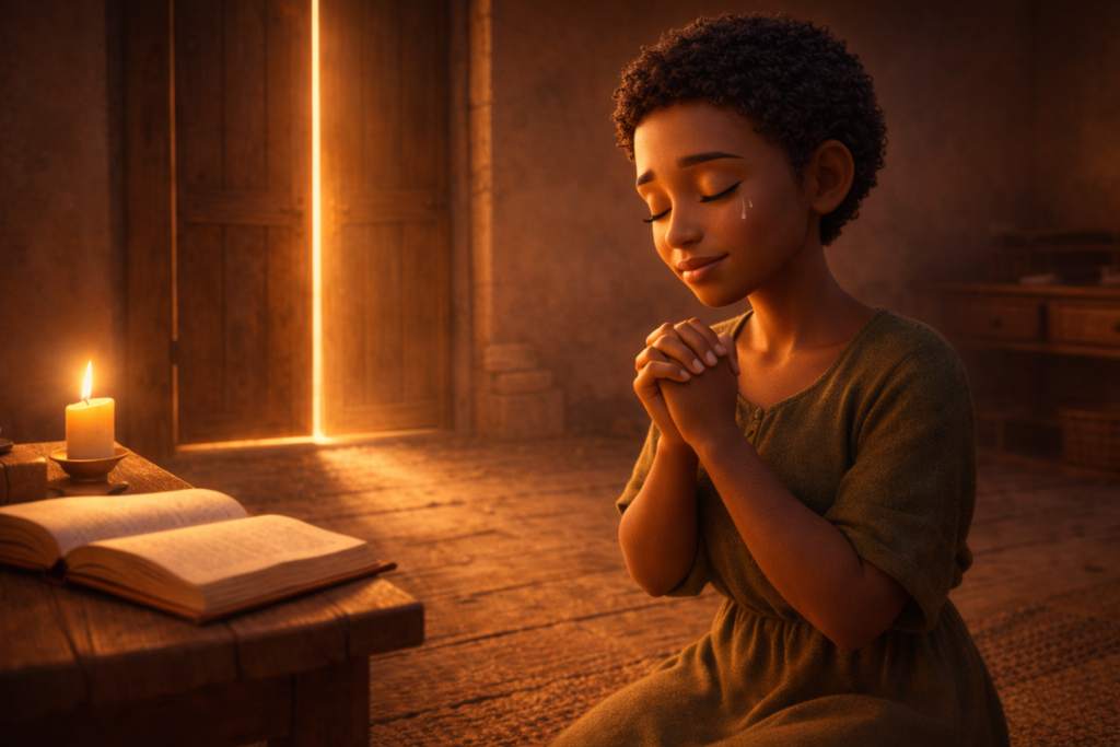 Mulher orando de joelhos diante de porta fechada representando o que fazer quando Deus diz não
