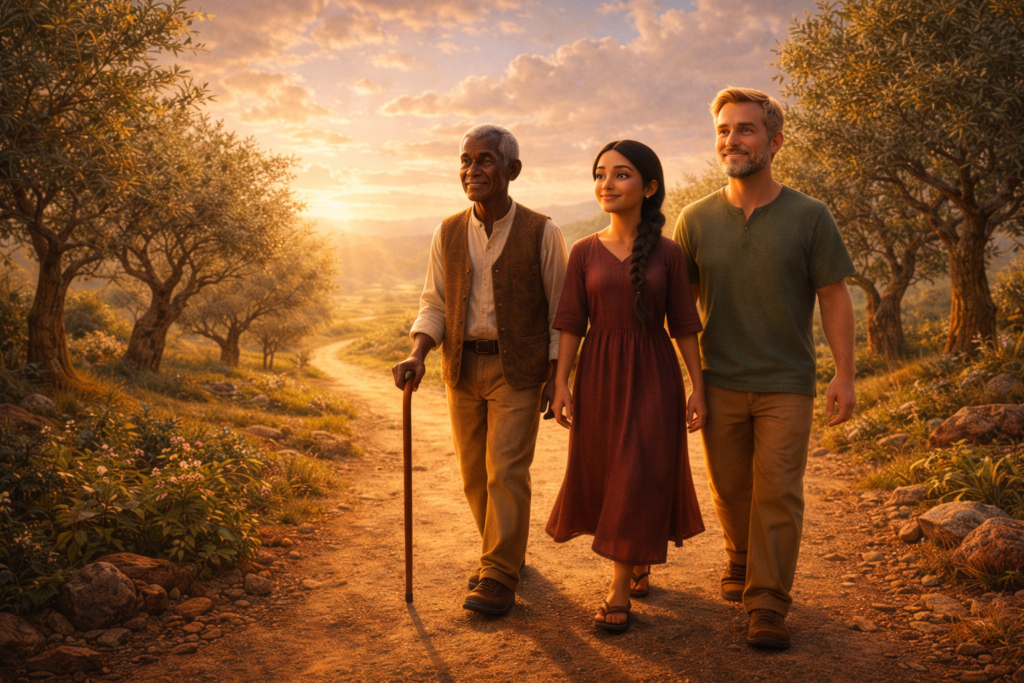 Grupo diverso caminhando juntos por estrada iluminada representando obediência e fé ao entender o que fazer quando Deus diz não