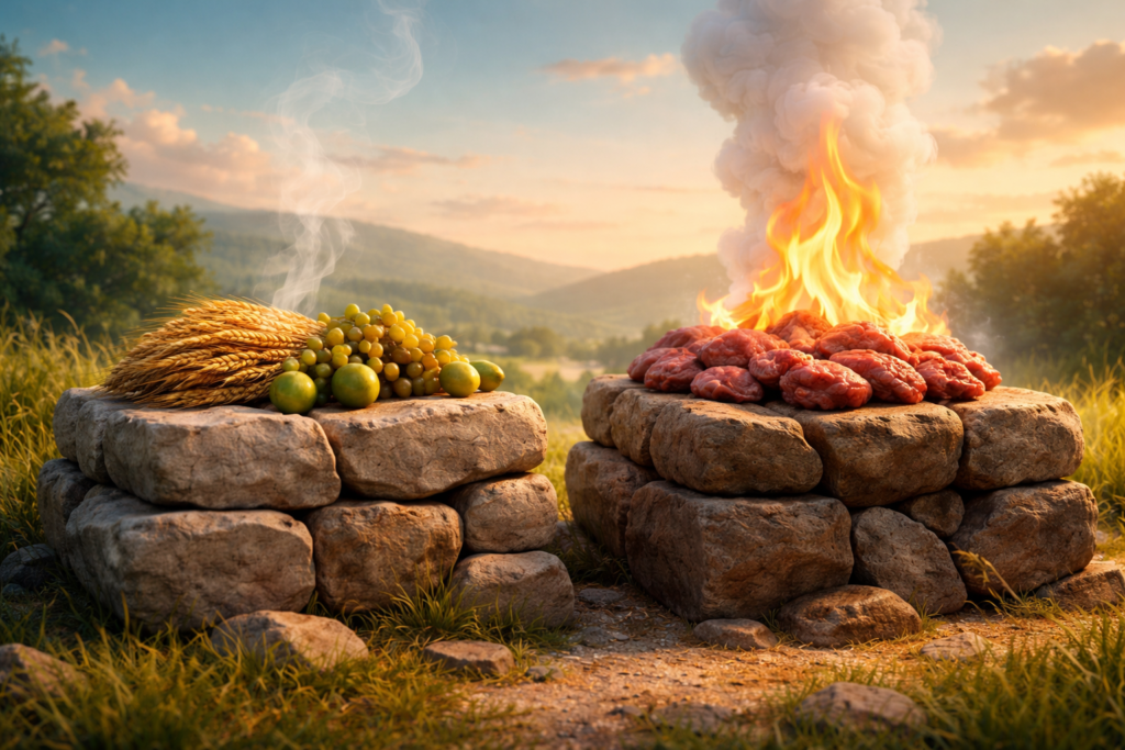 Dois altares com ofertas representando a história de Caim e Abel diante de Deus