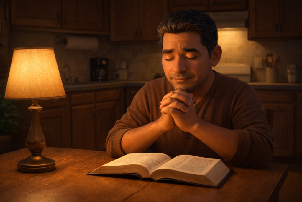 Homem orando à mesa com Bíblia aberta buscando Deus em decisões difíceis