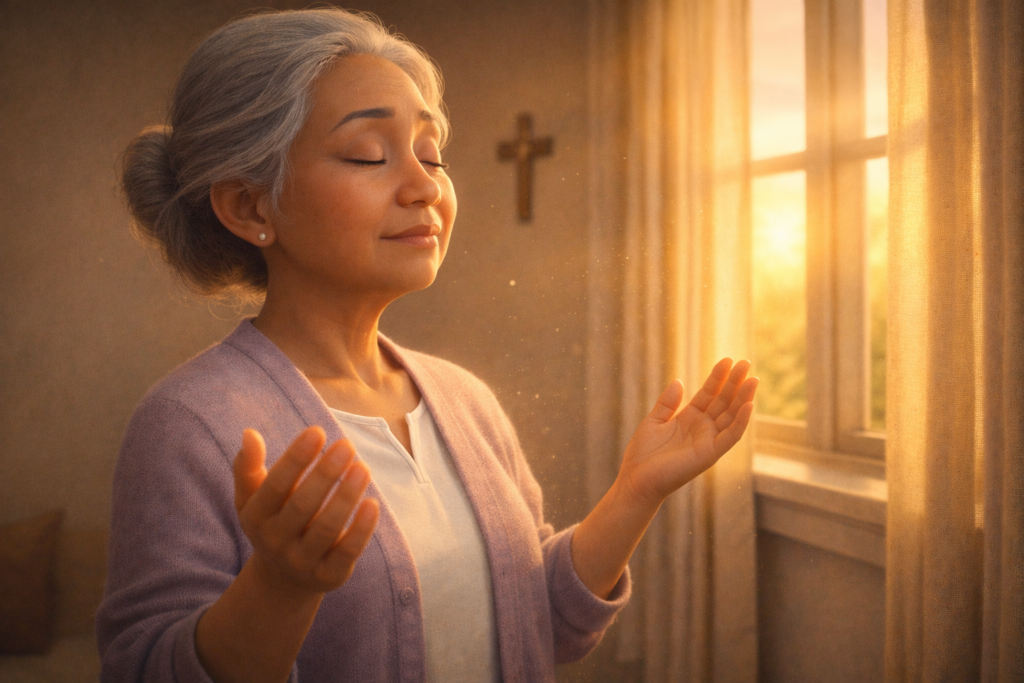 Idosa orando com fervor ao amanhecer perto da janela