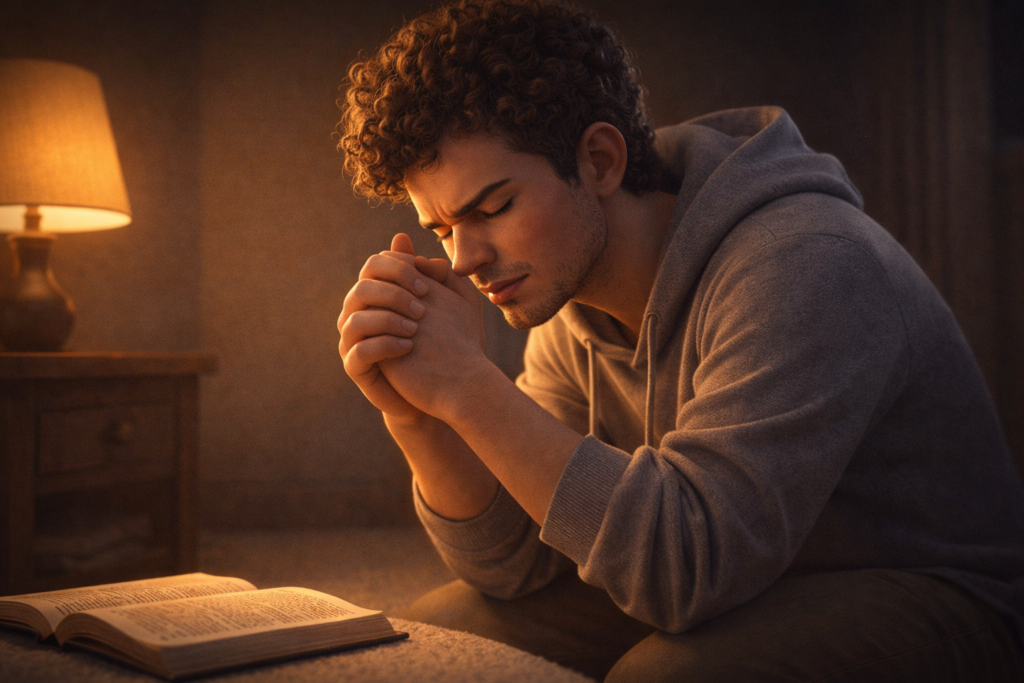 Jovem orando com fervor de joelhos à noite