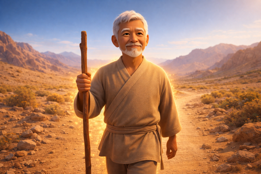 Homem idoso caminhando com fé pelo deserto representando decisões difíceis na Bíblia