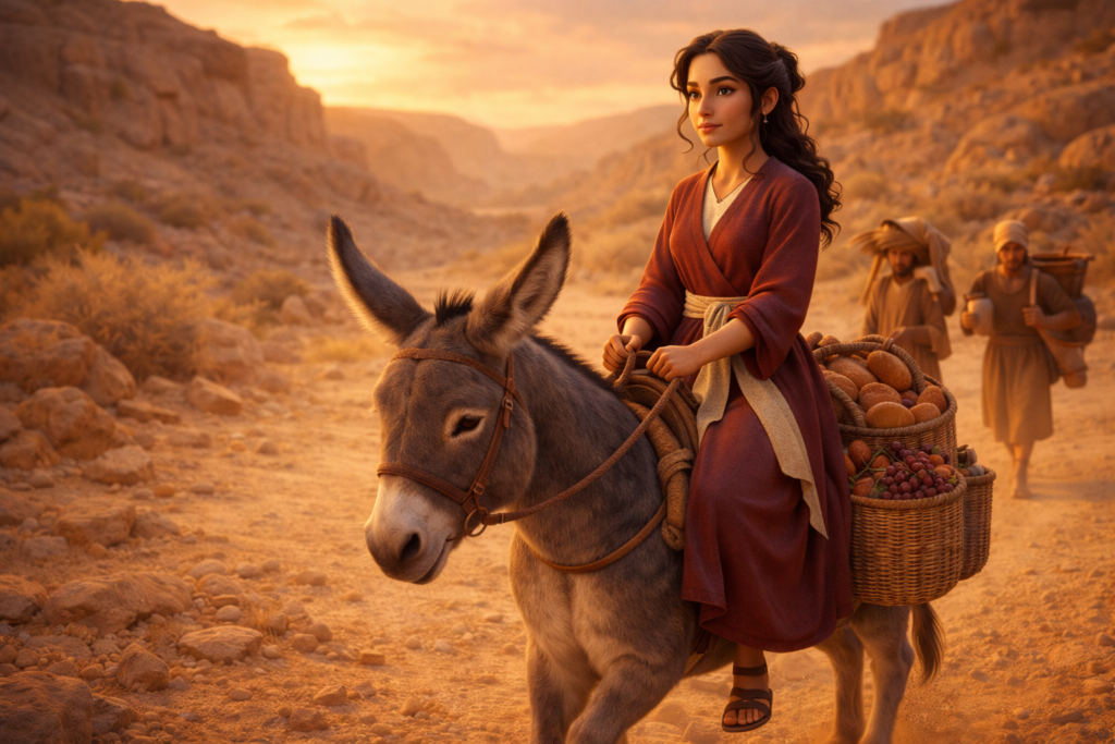 Quem são os personagens esquecidos da Bíblia que mudaram a história da fé? 2 Mulher corajosa em jumento carregando suprimentos representando personagens esquecidos da Bíblia como Abigail