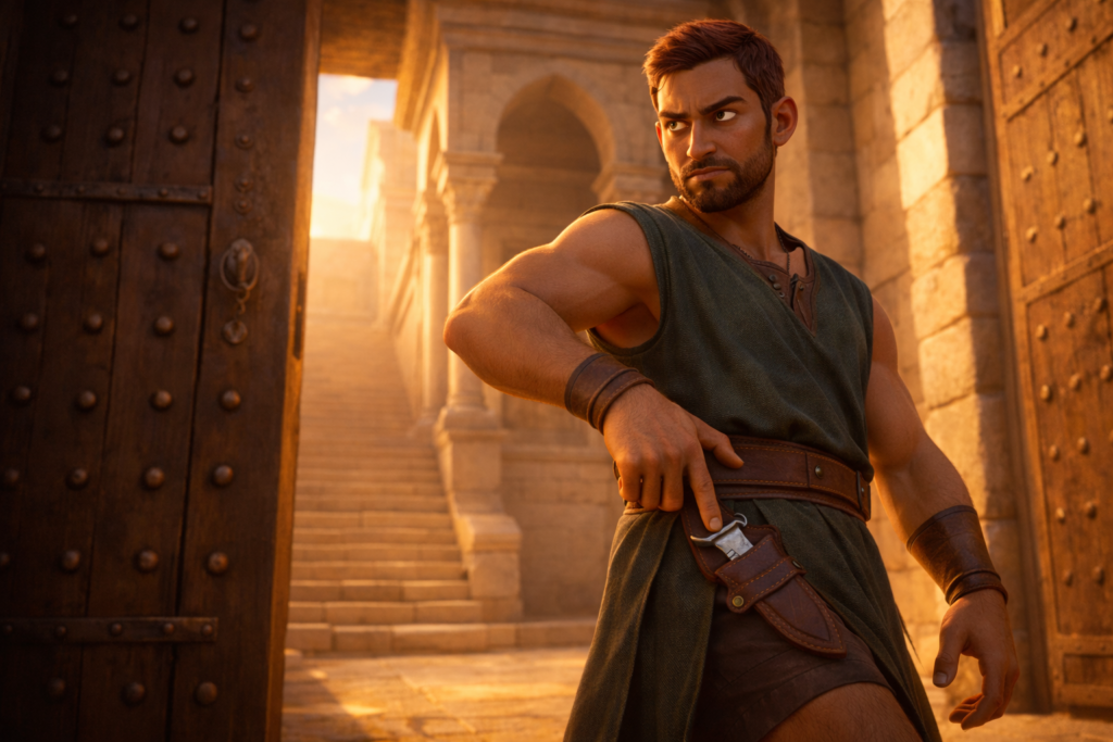 Quem são os personagens esquecidos da Bíblia que mudaram a história da fé? 4 Guerreiro canhoto em palácio representando personagens esquecidos da Bíblia como Eúde