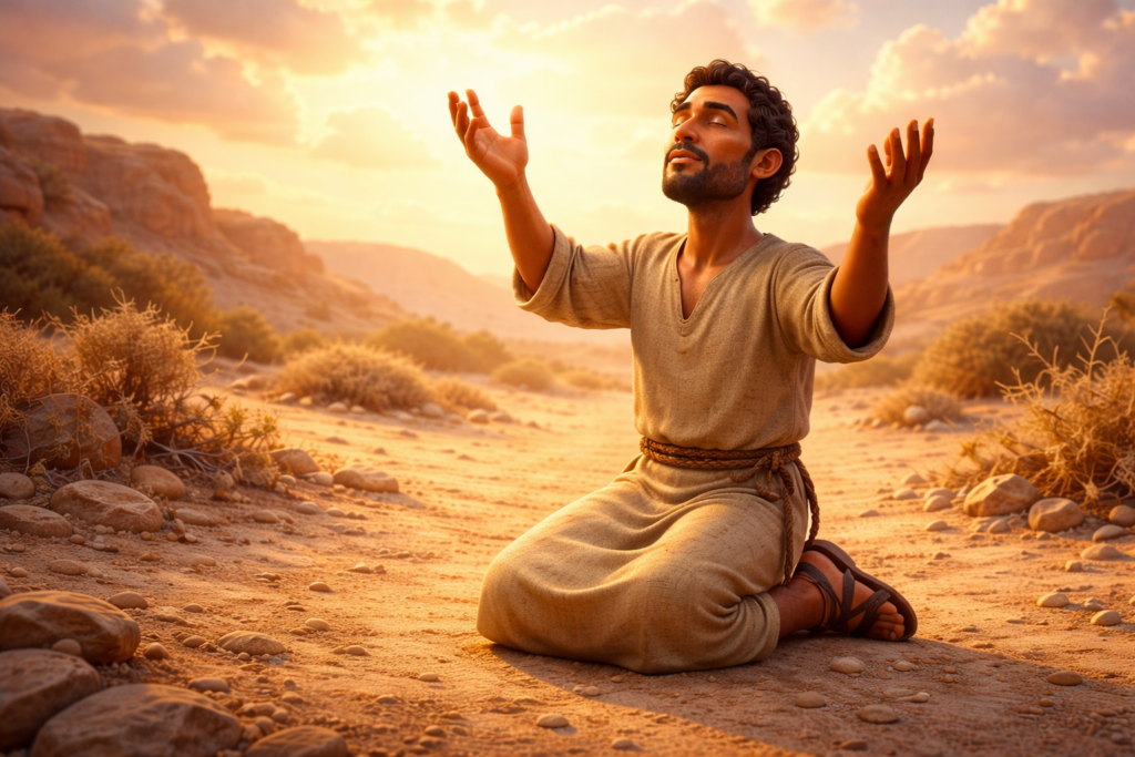Quem são os personagens esquecidos da Bíblia que mudaram a história da fé? 1 Homem orando de joelhos representando personagens esquecidos da Bíblia como Jabez