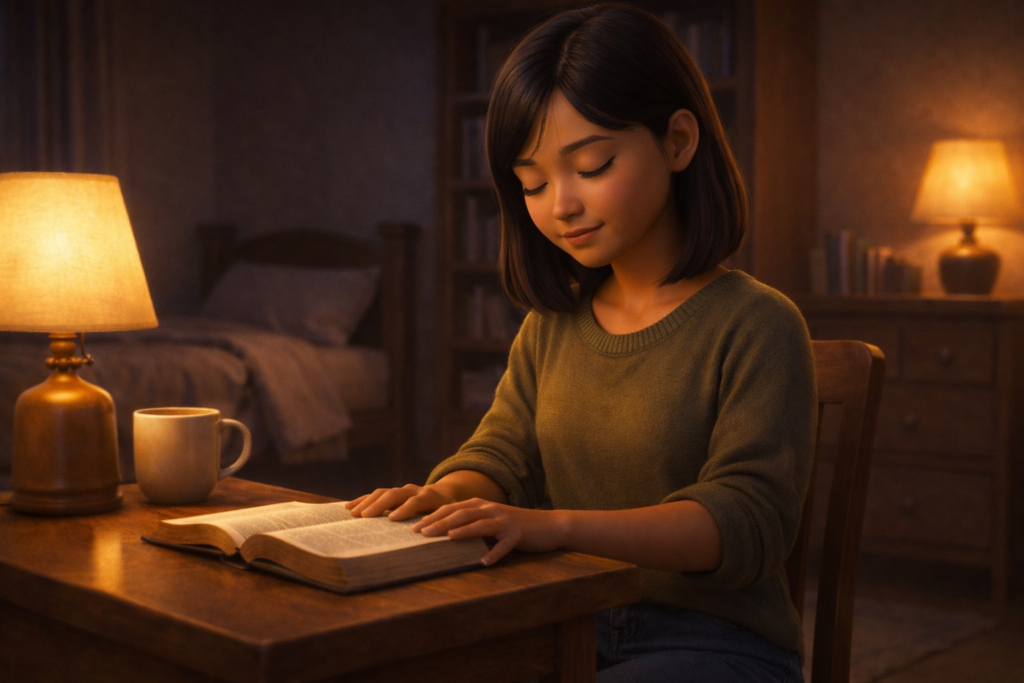 Jovem mulher orando com a Bíblia aberta demonstrando o poder da oração