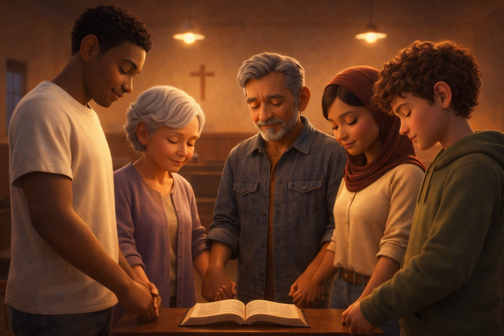 Grupo diverso orando juntos em círculo representando o poder da oração coletiva.