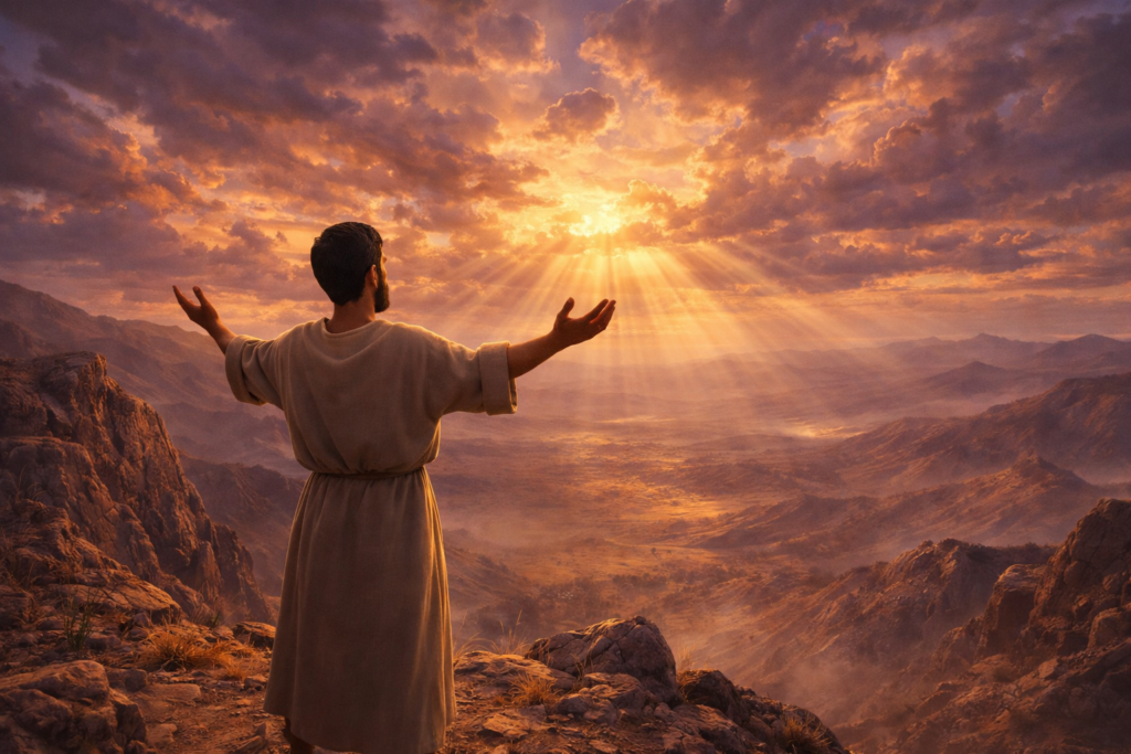 Homem orando no topo da montanha ao amanhecer simbolizando o poder da oração