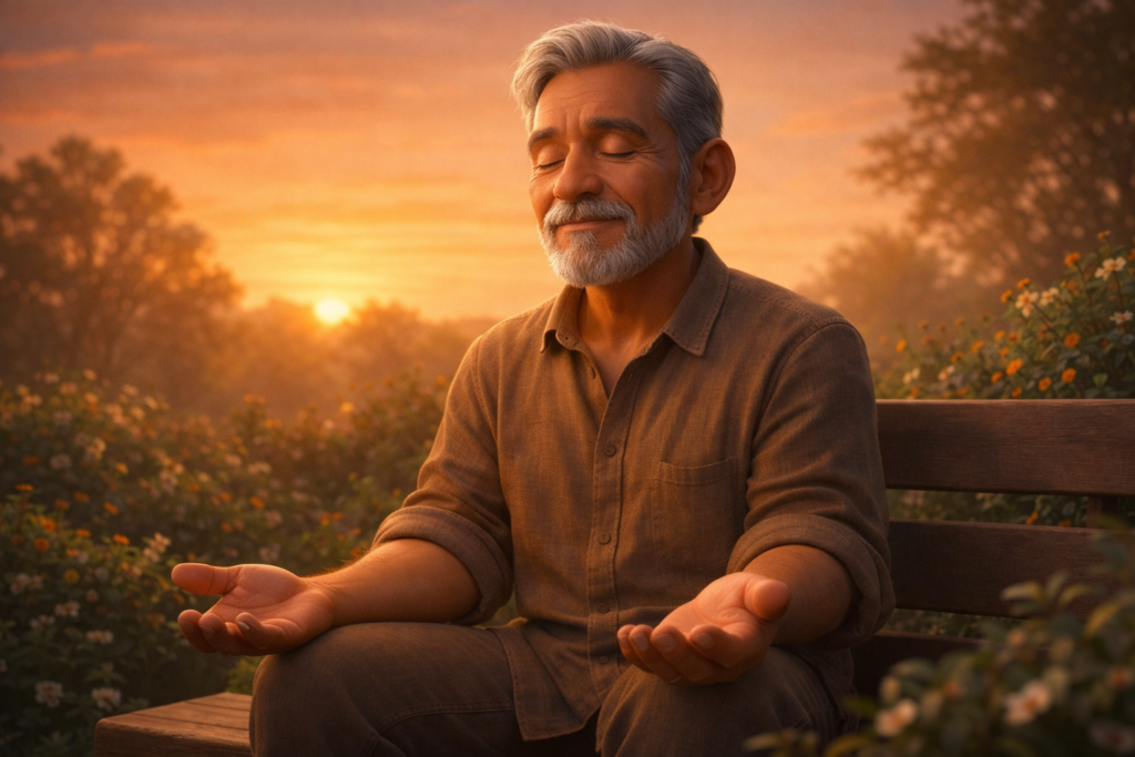Homem idoso orando em jardim ao pôr do sol mostrando o poder da oração