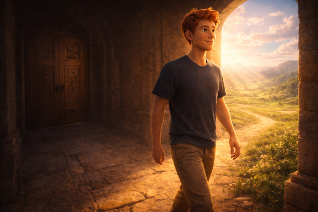 Homem caminhando de porta fechada para paisagem aberta representando o que fazer quando Deus diz não e confiar no plano divino