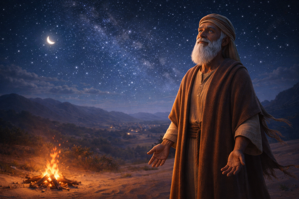 Homem idoso no deserto olhando o céu estrelado confiando na promessa de Deus como Abraão
