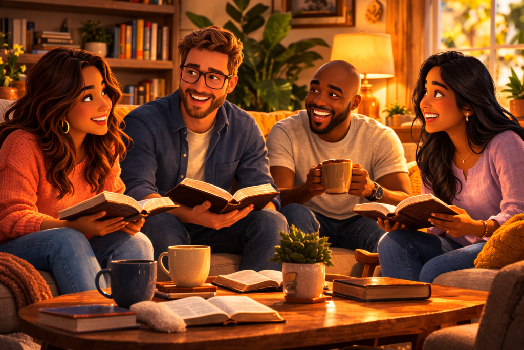 Grupo de amigos cristãos estudando a Bíblia juntos e fortalecendo a fé na promessa de Deus