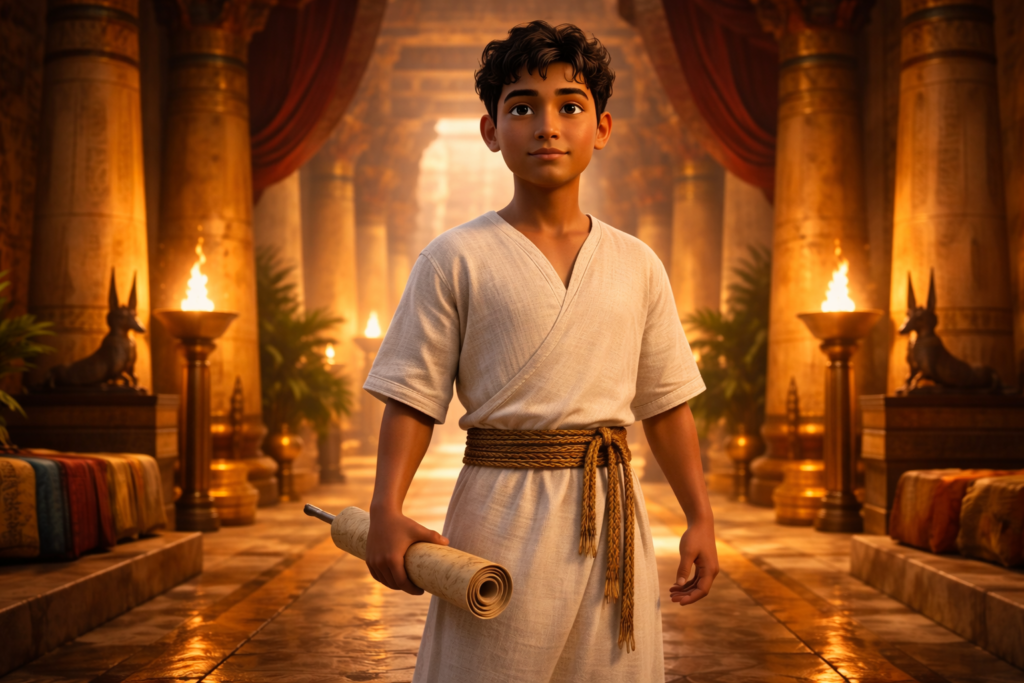 Jovem em palácio egípcio representando José e o cumprimento da promessa de Deus