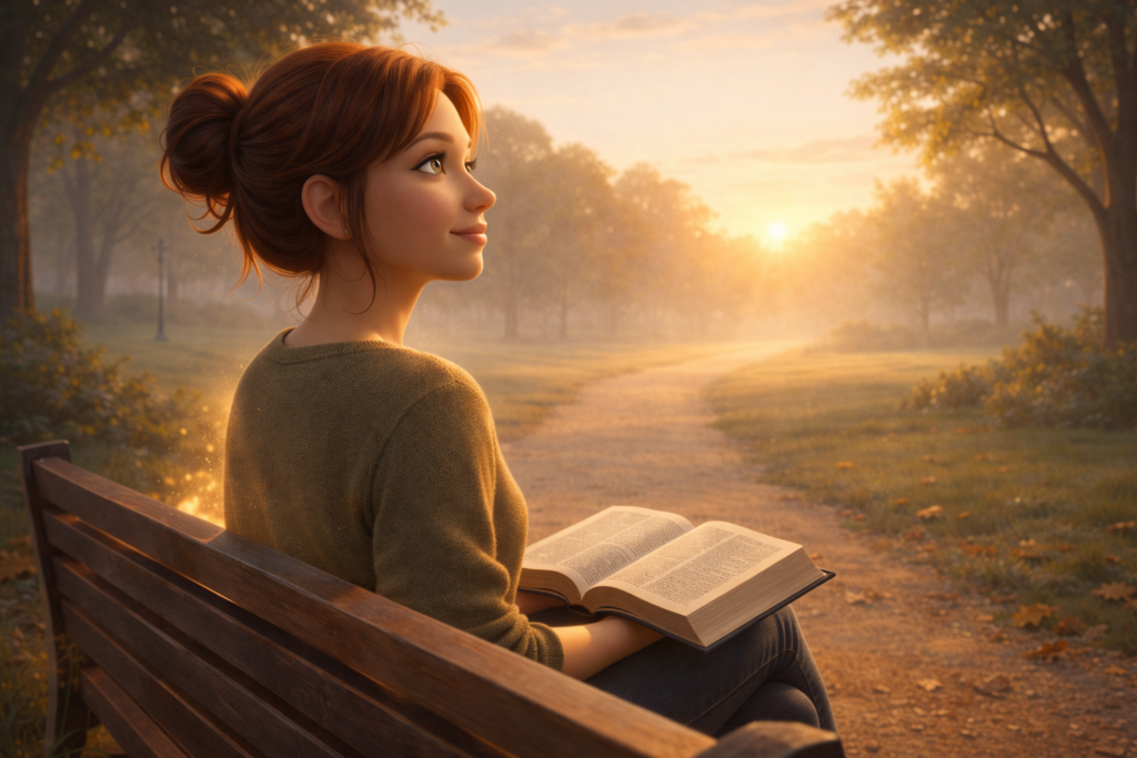 Mulher lendo a Bíblia ao nascer do sol buscando sabedoria para decisões difíceis