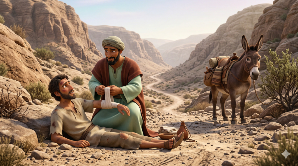 Quem Eram os Samaritanos e Por Que Foram Rejeitados na Bíblia? 3 Bom samaritano cuidando de homem ferido na estrada conforme a parábola bíblica sobre os samaritanos