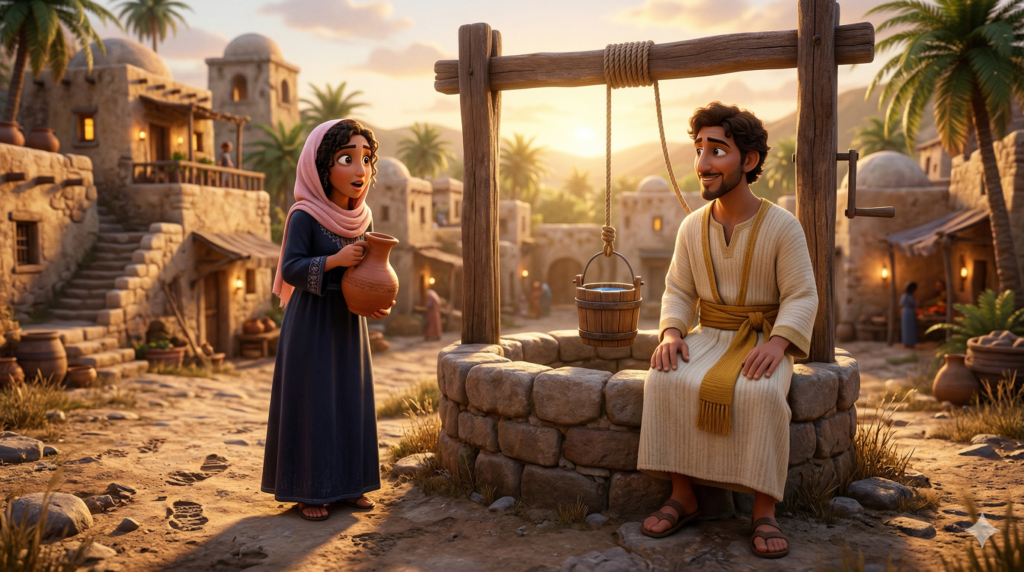 Quem Eram os Samaritanos e Por Que Foram Rejeitados na Bíblia? 2 Jesus conversando com a mulher samaritana junto ao poço representando o acolhimento aos samaritanos