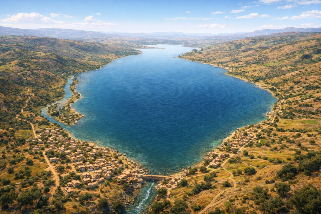 Mar da Galileia na Bíblia: os eventos, os nomes e o que poucos sabem sobre esse lugar 1 Vista aérea representando o mar da Galileia na bíblia, mostrando formato de harpa e cidades antigas ao redor