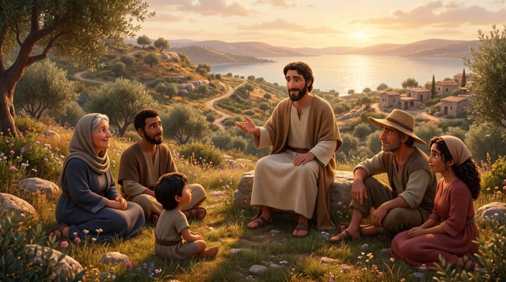 Cena ao ar livre com mestre conversando com ouvintes diversos, ilustrando As Parábolas de Jesus.