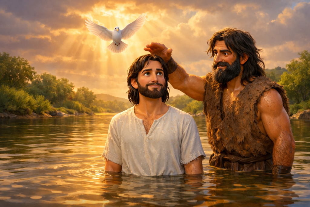 Batismo de Jesus: por que o Filho de Deus precisou passar pelas águas do Jordão? 1 Cena representativa do batismo de Jesus no rio Jordão com João Batista.