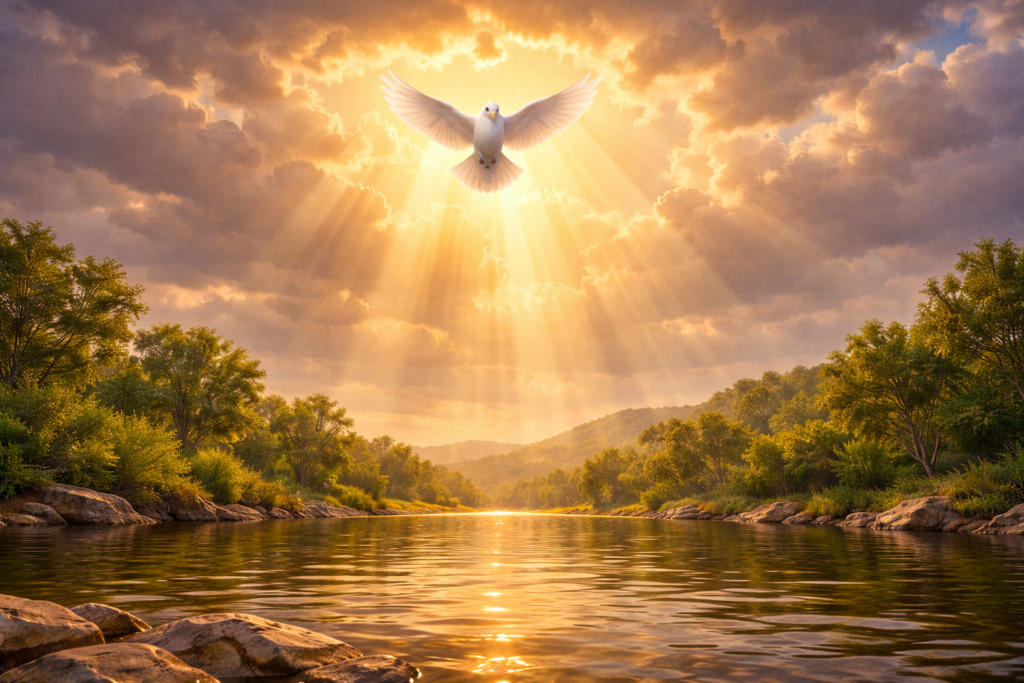 Batismo de Jesus: por que o Filho de Deus precisou passar pelas águas do Jordão? 3 Céu se abrindo com pomba descendo em luz dourada, representando a manifestação divina no batismo de Jesus