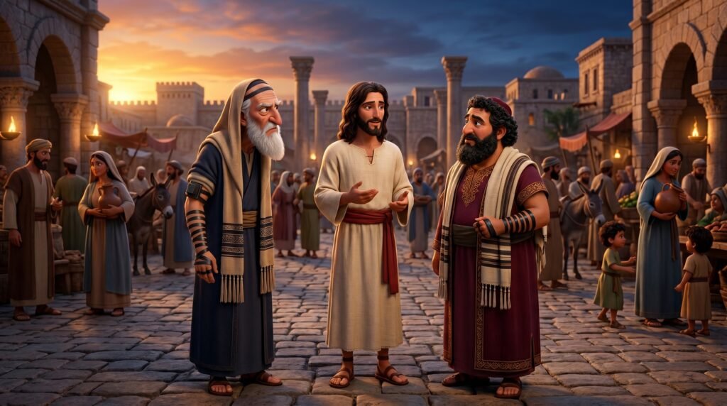 Jesus conversando com fariseus em uma praça pública.