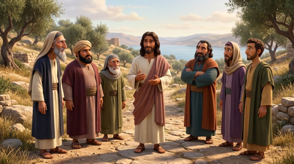 Representação de Jesus respondendo aos fariseus sobre a Tradição dos Anciões em cena dos Evangelhos.