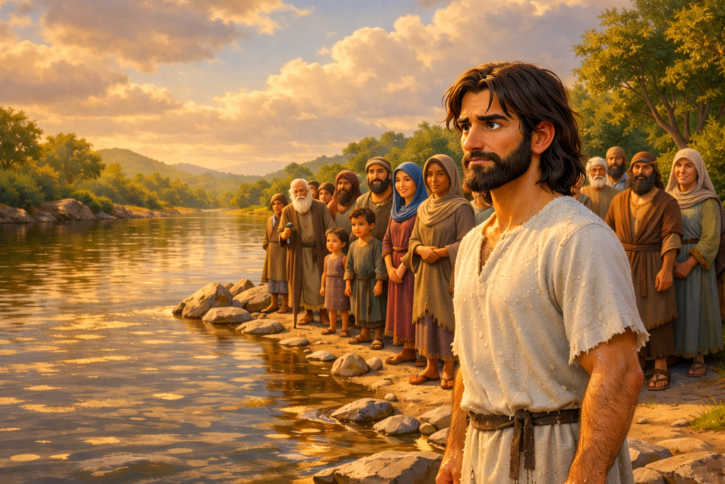 Batismo de Jesus: por que o Filho de Deus precisou passar pelas águas do Jordão? 2 Jesus caminha em direção ao rio Jordão com multidão diversa ao fundo, ilustrando identificação com pecadores