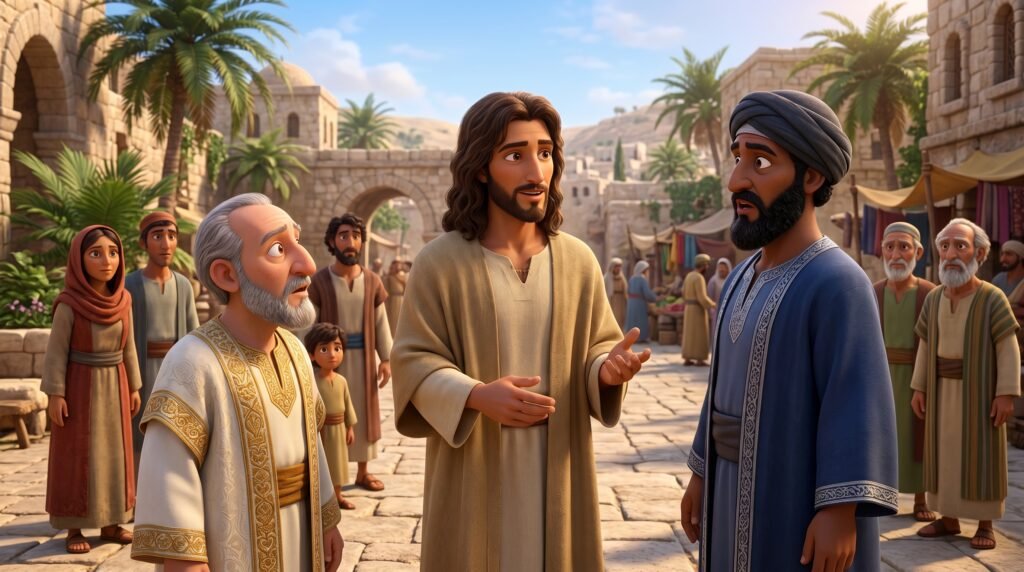 Representação de Saduceus na Bíblia Conversando com Jesus.