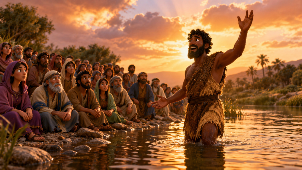 João Batista pregando no rio Jordão rompendo o silêncio de Deus na Bíblia