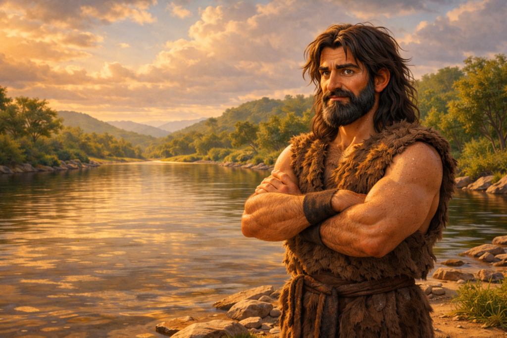 Batismo de Jesus: por que o Filho de Deus precisou passar pelas águas do Jordão? 4 Representação de João Batista de braços cruzados em frente ao rio Jordão, após o batismo de jesus