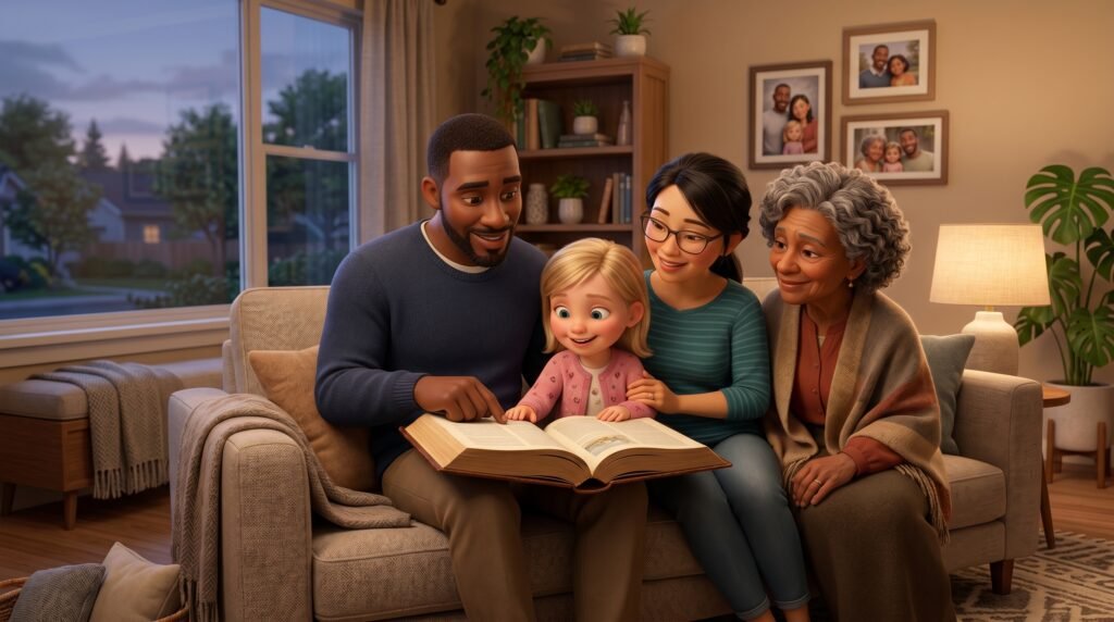 Família diversa lendo a Bíblia juntos em casa, refletindo sobre uma parábola.