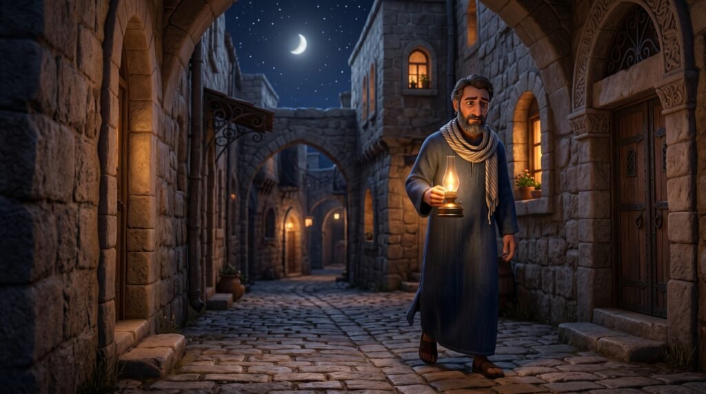 Nicodemos caminhando à noite em Jerusalém para encontrar Jesus.