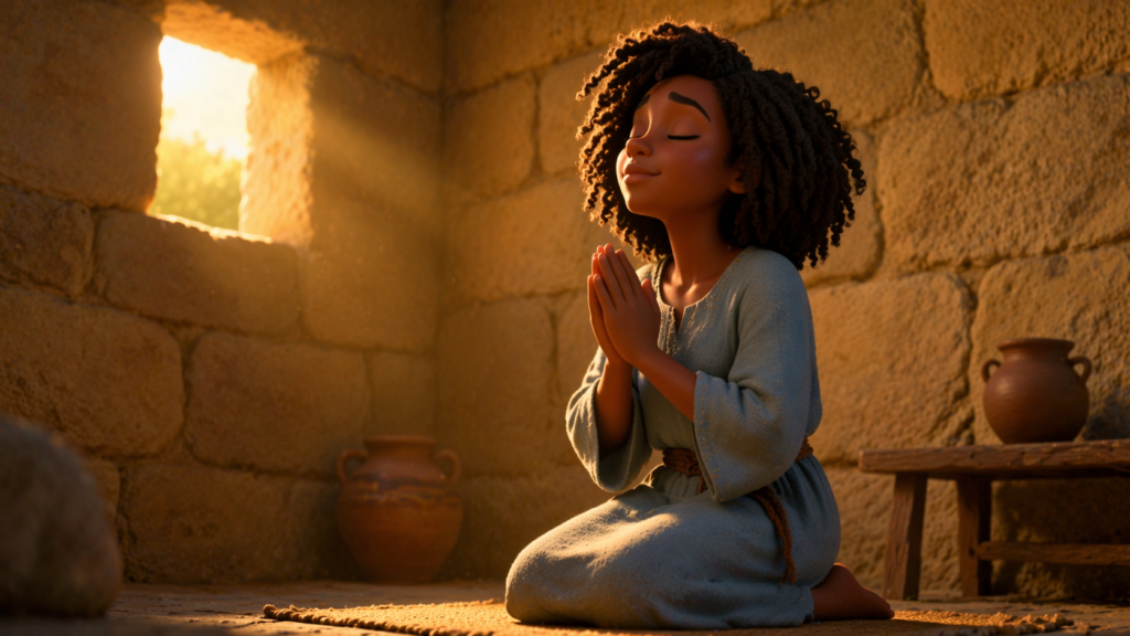 Mulher orando sozinha em um quarto simples com luz dourada na janela