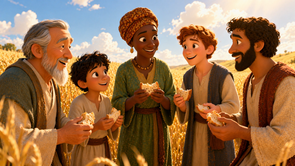 Grupo diverso de pessoas compartilhando pão em um campo de trigo ao ar livre