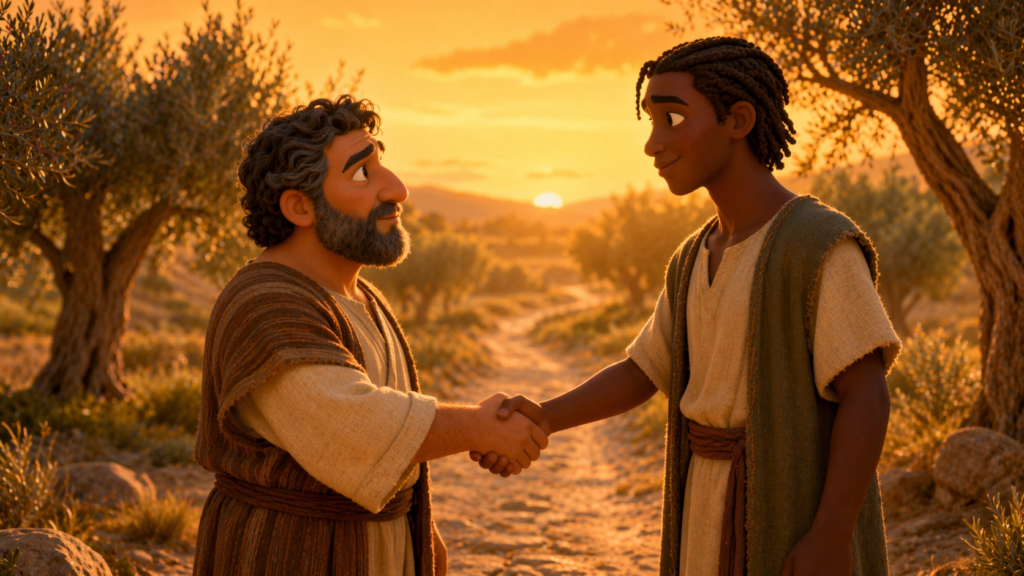 Dois homens apertando as mãos em uma estrada bíblica ao pôr do sol representando o perdão da oração do pai nosso na Bíblia