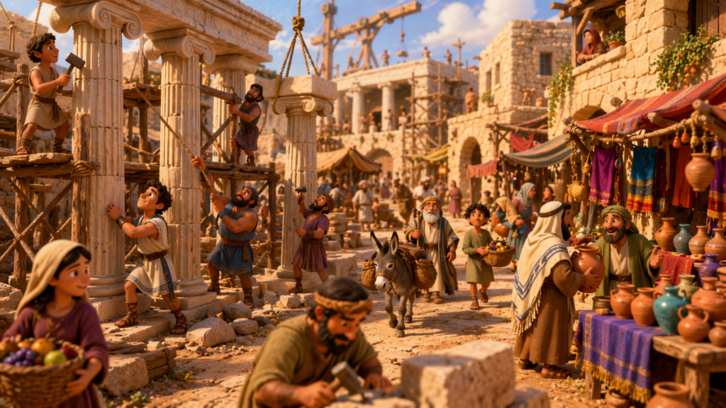 Cidade antiga com construções gregas e hebraicas durante o período de Silêncio de Deus na Bíblia