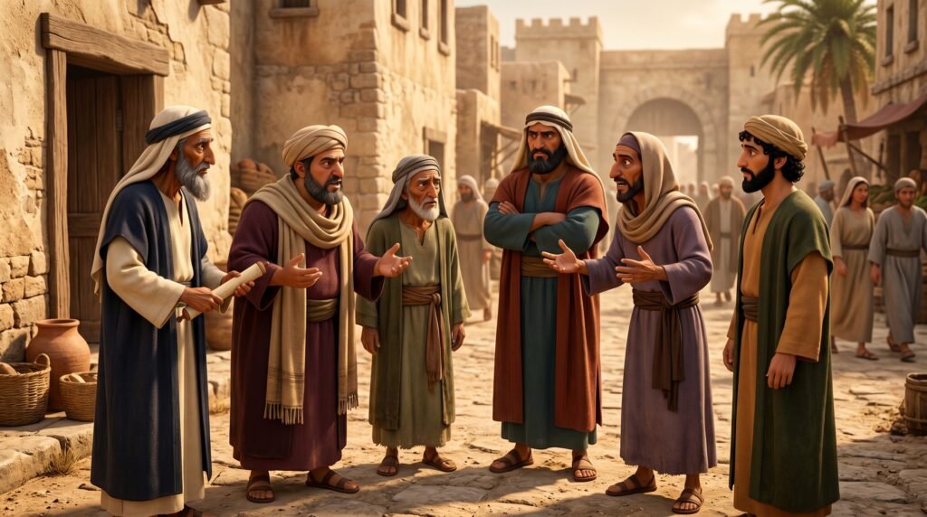 Representação de Líderes religiosos discutindo a Tradição dos Anciões.
