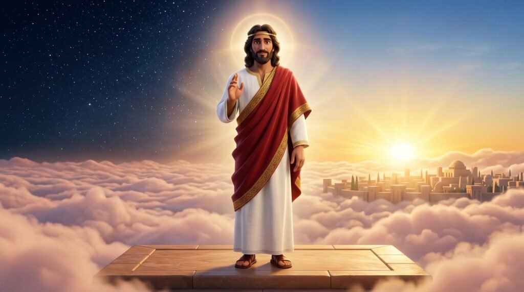 Títulos de Jesus na Bíblia: significado, contexto e aplicação 2 Jesus em vestes reais com céu dividido entre noite e amanhecer representando os Títulos de Jesus: Rei dos reis e Alfa e Ômega