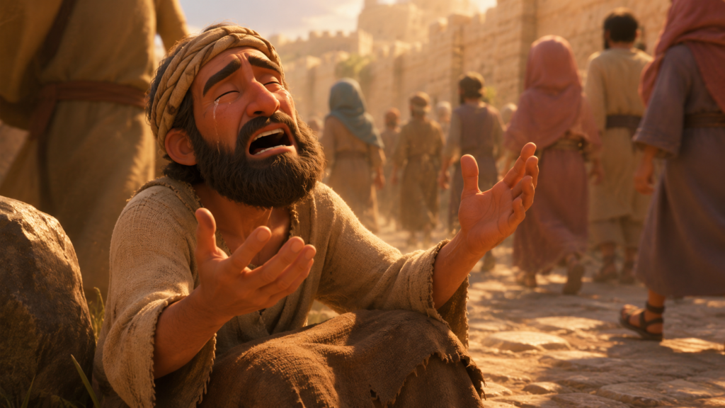 Quem foram os cegos de Jericó e por que existem relatos diferentes? 2 Representação de Bartimeu, o mendigo cego, sentado à beira do caminho clamando por Jesus em alta voz.