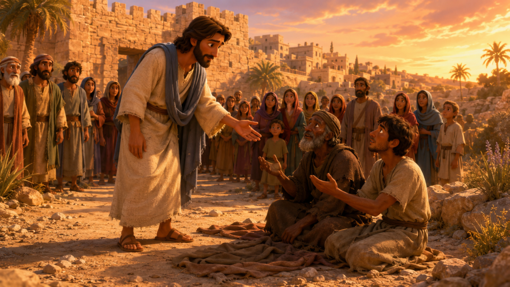 Quem foram os cegos de Jericó e por que existem relatos diferentes? 1 Representação de Jesus se aproximando dos cegos de Jericó sentados à beira do caminho enquanto a multidão observa o encontro.