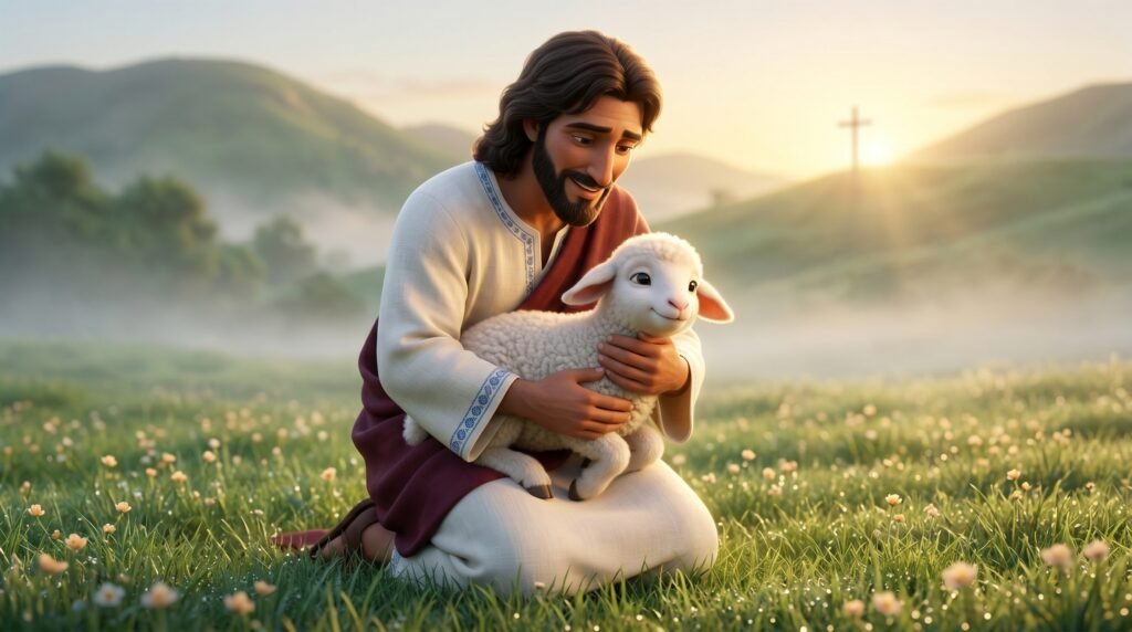 Títulos de Jesus na Bíblia: significado, contexto e aplicação 4 Jesus segurando um cordeiro branco em uma pastagem ao amanhecer representando o Cordeiro de Deus