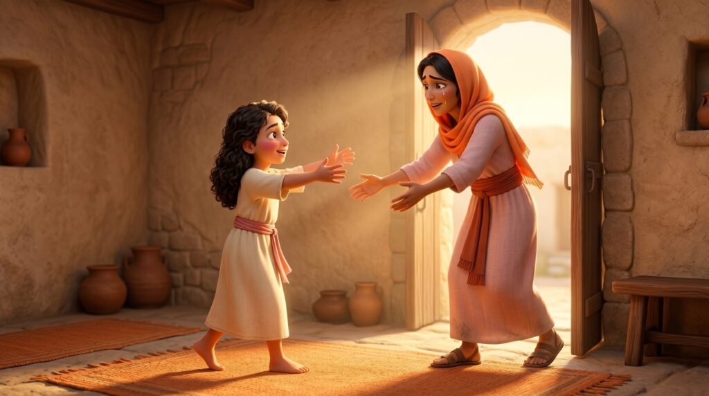 Representação da Mulher Cananeia se reencontrando com a filha curada em casa após retornar do encontro com Jesus.